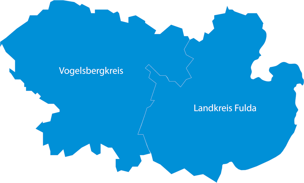 Rudimentäre Karte mit Vogelsbergkreis und Fulda zur Standortübersicht der Lernfüchse